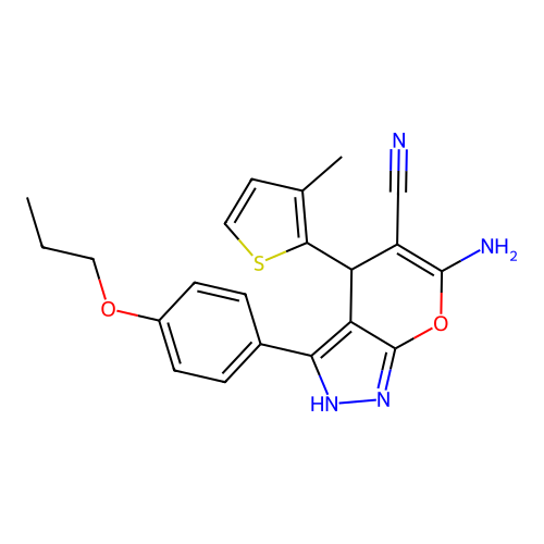 6-amino-4-(3-methylthiophen-2-yl)-3-(4-propoxyphenyl)-2,4-dihydropyrano[2,3-c]pyrazole-5-carbonitrile structure
