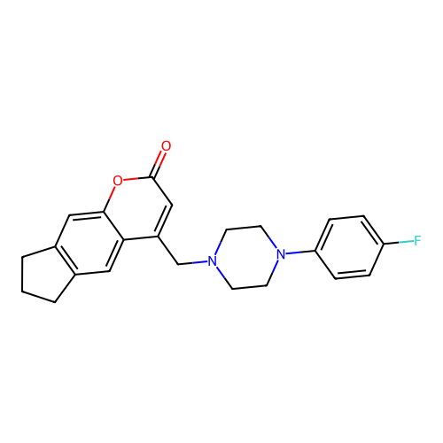 4-((4-(4-fluorophenyl)piperazin-1-yl)methyl)-7,8-dihydrocyclopenta[g]chromen-2(6H)-one structure
