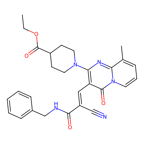 (E)-ethyl 1-(3-(3-(benzylamino)-2-cyano-3-oxoprop-1-en-1-yl)-9-methyl-4-oxo-4H-pyrido[1,2-a]pyrimidin-2-yl)piperidine-4-carboxylate structure