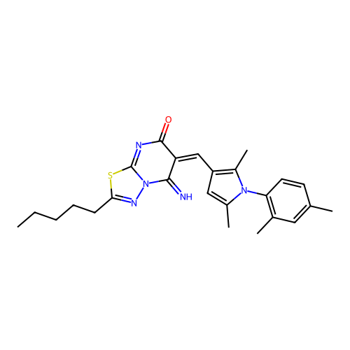 (6E)-6-[[1-(2,4-dimethylphenyl)-2,5-dimethylpyrrol-3-yl]methylidene]-5-imino-2-pentyl-[1,3,4]thiadiazolo[3,2-a]pyrimidin-7-one structure