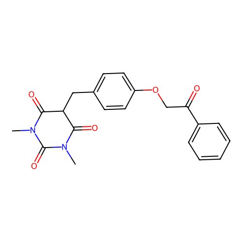 1,3-dimethyl-5-(4-(2-oxo-2-phenylethoxy)benzyl)pyrimidine-2,4,6(1H,3H,5H)-trione structure