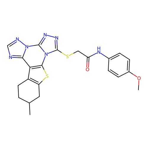 N-(4-methoxyphenyl)-2-((11-methyl-10,11,12,13-tetrahydrobenzo[4,5]thieno[3,2-e]bis([1,2,4]triazolo)[4,3-a:1',5'-c]pyrimidin-7-yl)thio)acetamide structure