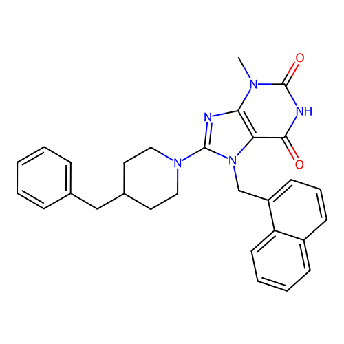 8-(4-benzylpiperidin-1-yl)-3-methyl-7-(naphthalen-1-ylmethyl)-1H-purine-2,6(3H,7H)-dione structure