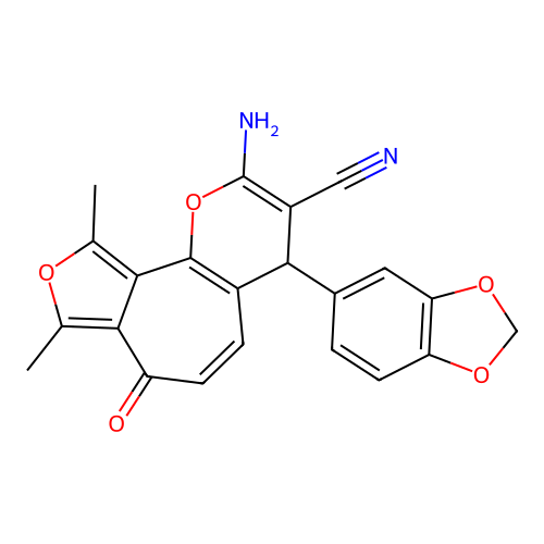 2-amino-4-(1,3-benzodioxol-5-yl)-8,10-dimethyl-7-oxo-4H,7H-furo[3',4':6,7]cyclohepta[1,2-b]pyran-3-carbonitrile structure