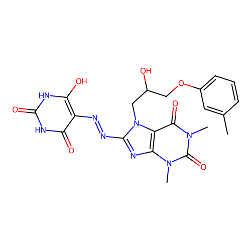 5-(2-(7-(2-hydroxy-3-(m-tolyloxy)propyl)-1,3-dimethyl-2,6-dioxo-2,3,6,7-tetrahydro-1H-purin-8-yl)hydrazono)pyrimidine-2,4,6(1H,3H,5H)-trione structure