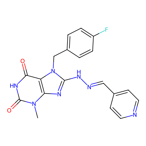 (E)-7-(4-fluorobenzyl)-3-methyl-8-(2-(pyridin-4-ylmethylene)hydrazinyl)-1H-purine-2,6(3H,7H)-dione structure