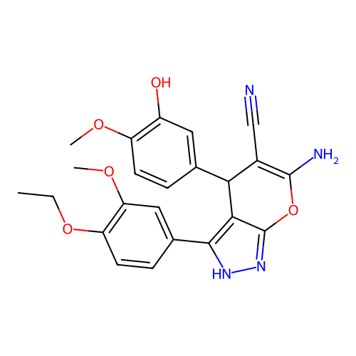 6-amino-3-(4-ethoxy-3-methoxyphenyl)-4-(3-hydroxy-4-methoxyphenyl)-2,4-dihydropyrano[2,3-c]pyrazole-5-carbonitrile structure