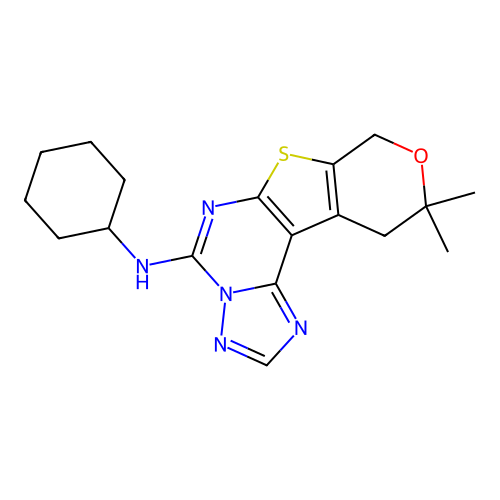 N-cyclohexyl-10,10-dimethyl-10,11-dihydro-8H-pyrano[4',3':4,5]thieno[3,2-e][1,2,4]triazolo[1,5-c]pyrimidin-5-amine structure