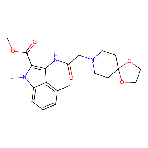 methyl 3-(2-(1,4-dioxa-8-azaspiro[4.5]decan-8-yl)acetamido)-1,4-dimethyl-1H-indole-2-carboxylate structure