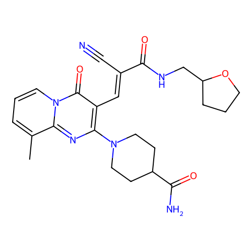 (E)-1-(3-(2-cyano-3-oxo-3-(((tetrahydrofuran-2-yl)methyl)amino)prop-1-en-1-yl)-9-methyl-4-oxo-4H-pyrido[1,2-a]pyrimidin-2-yl)piperidine-4-carboxamide structure