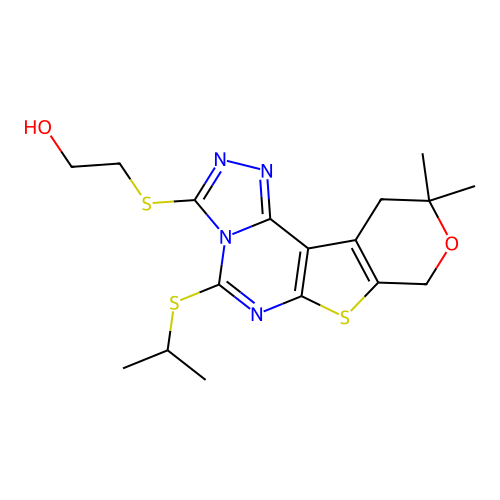 2-((5-(isopropylthio)-10,10-dimethyl-10,11-dihydro-8H-pyrano[4',3':4,5]thieno[3,2-e][1,2,4]triazolo[4,3-c]pyrimidin-3-yl)thio)ethanol structure