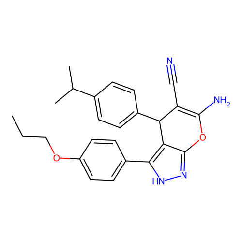 6-amino-4-(4-isopropylphenyl)-3-(4-propoxyphenyl)-1,4-dihydropyrano[2,3-c]pyrazole-5-carbonitrile structure