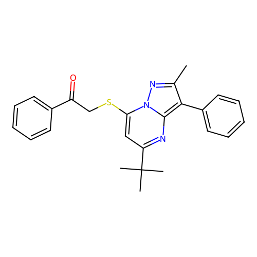 2-[(5-tert-butyl-2-methyl-3-phenylpyrazolo[1,5-a]pyrimidin-7-yl)sulfanyl]-1-phenylethanone structure
