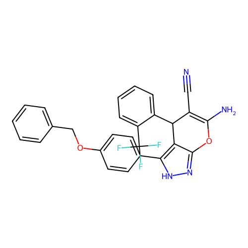 6-amino-3-(4-(benzyloxy)phenyl)-4-(2-(trifluoromethyl)phenyl)-1,4-dihydropyrano[2,3-c]pyrazole-5-carbonitrile structure