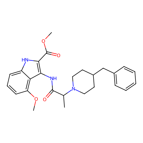 methyl 3-(2-(4-benzylpiperidin-1-yl)propanamido)-4-methoxy-1H-indole-2-carboxylate structure