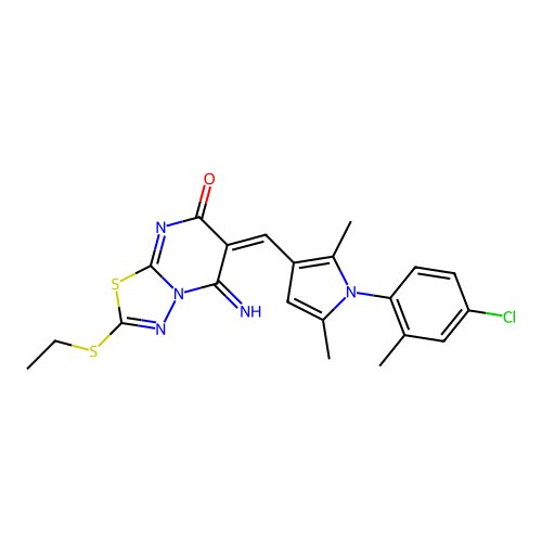(6E)-6-[[1-(4-chloro-2-methylphenyl)-2,5-dimethylpyrrol-3-yl]methylidene]-2-ethylsulfanyl-5-imino-[1,3,4]thiadiazolo[3,2-a]pyrimidin-7-one structure