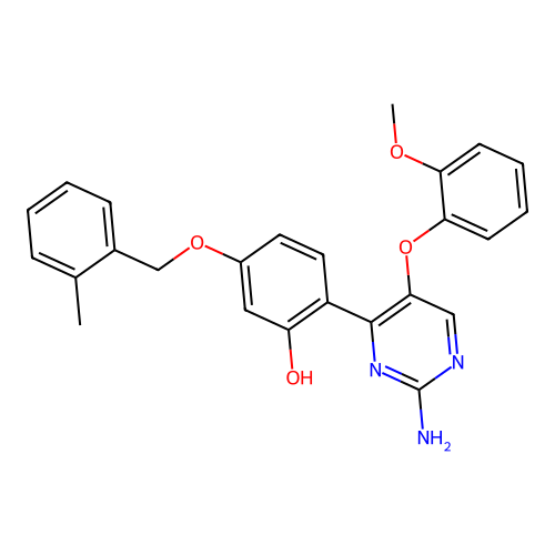 2-[2-Amino-5-(2-methoxyphenoxy)pyrimidin-4-YL]-5-[(2-methylphenyl)methoxy]phenol structure