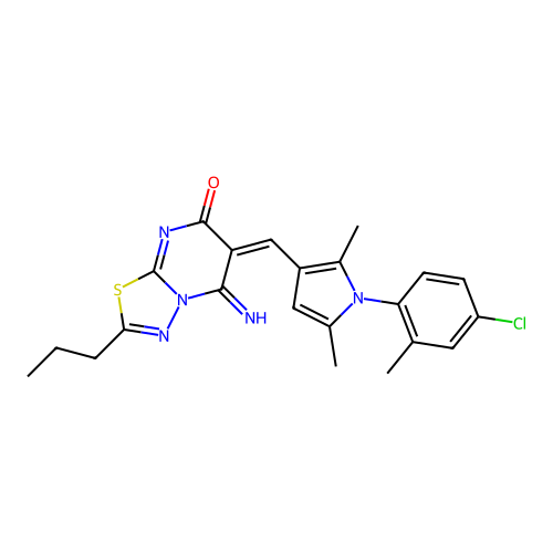 (6E)-6-[[1-(4-chloro-2-methylphenyl)-2,5-dimethylpyrrol-3-yl]methylidene]-5-imino-2-propyl-[1,3,4]thiadiazolo[3,2-a]pyrimidin-7-one structure