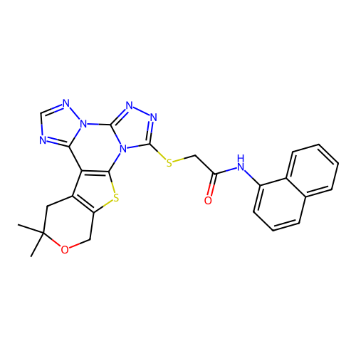 2-((12,12-dimethyl-12,13-dihydro-10H-pyrano[4',3':4,5]thieno[3,2-e]bis([1,2,4]triazolo)[4,3-a:1',5'-c]pyrimidin-7-yl)thio)-N-(naphthalen-1-yl)acetamide structure