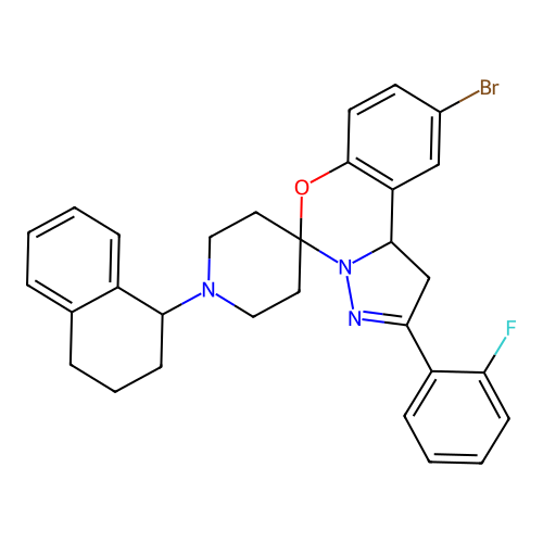 9'-bromo-2'-(2-fluorophenyl)-1-(1,2,3,4-tetrahydronaphthalen-1-yl)-1',10b'-dihydrospiro[piperidine-4,5'-pyrazolo[1,5-c][1,3]benzoxazine] structure