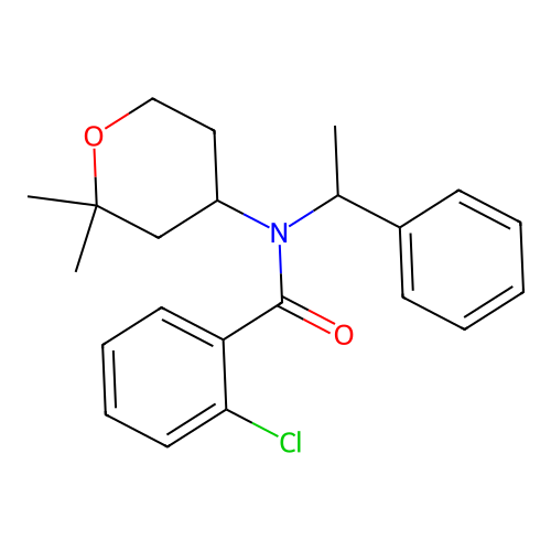 2-chloro-N-(2,2-dimethyltetrahydro-2H-pyran-4-yl)-N-(1-phenylethyl)benzamide structure