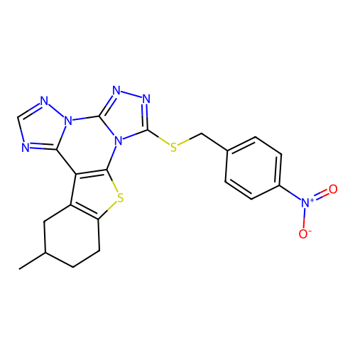 12-methyl-7-((4-nitrobenzyl)thio)-10,11,12,13-tetrahydrobenzo[4,5]thieno[3,2-e]bis([1,2,4]triazolo)[4,3-a:1',5'-c]pyrimidine structure