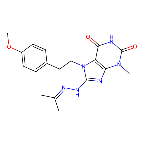 7-[2-(4-methoxyphenyl)ethyl]-3-methyl-8-(2-propan-2-ylidenehydrazinyl)purine-2,6-dione structure