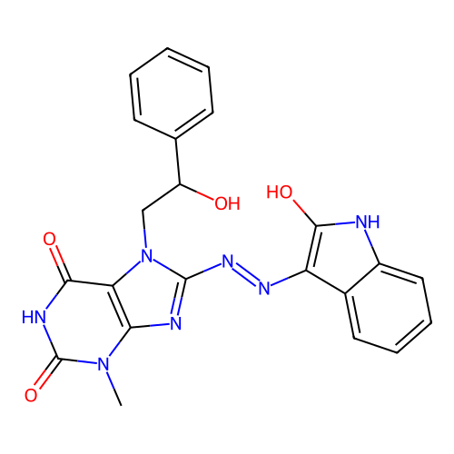 (E)-7-(2-hydroxy-2-phenylethyl)-3-methyl-8-(2-(2-oxoindolin-3-ylidene)hydrazinyl)-1H-purine-2,6(3H,7H)-dione structure