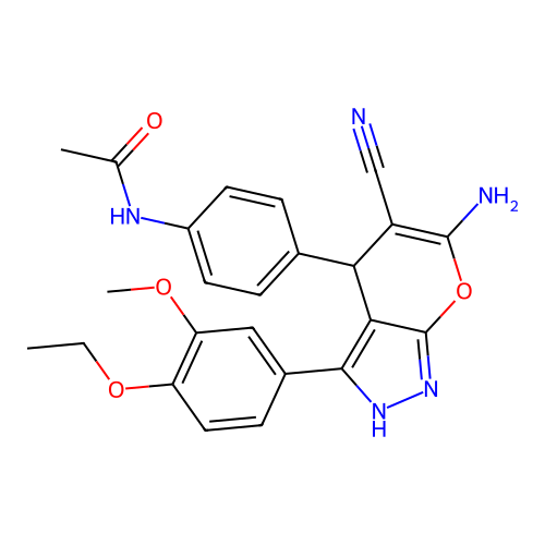 N-(4-(6-amino-5-cyano-3-(4-ethoxy-3-methoxyphenyl)-1,4-dihydropyrano[2,3-c]pyrazol-4-yl)phenyl)acetamide structure