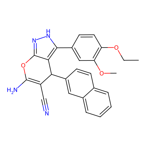 6-amino-3-(4-ethoxy-3-methoxyphenyl)-4-(naphthalen-2-yl)-1,4-dihydropyrano[2,3-c]pyrazole-5-carbonitrile structure