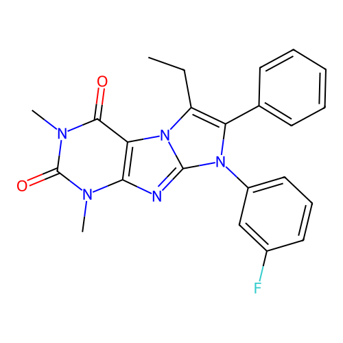 6-ethyl-8-(3-fluorophenyl)-1,3-dimethyl-7-phenyl-1H-imidazo[2,1-f]purine-2,4(3H,8H)-dione structure