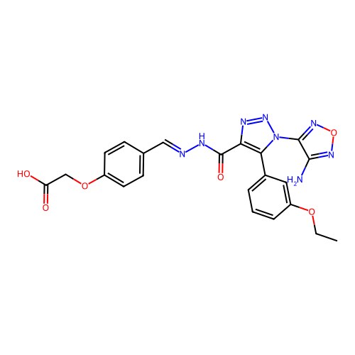 (E)-2-(4-((2-(1-(4-amino-1,2,5-oxadiazol-3-yl)-5-(3-ethoxyphenyl)-1H-1,2,3-triazole-4-carbonyl)hydrazono)methyl)phenoxy)acetic acid structure