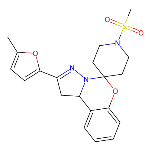 2'-(5-methylfuran-2-yl)-1-(methylsulfonyl)-1',10b'-dihydrospiro[piperidine-4,5'-pyrazolo[1,5-c][1,3]benzoxazine] structure