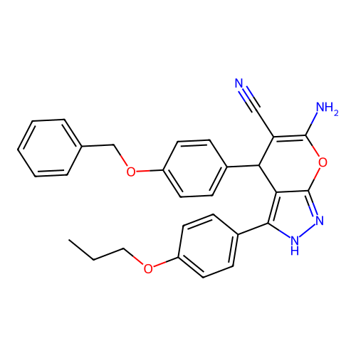 6-amino-4-(4-(benzyloxy)phenyl)-3-(4-propoxyphenyl)-1,4-dihydropyrano[2,3-c]pyrazole-5-carbonitrile structure