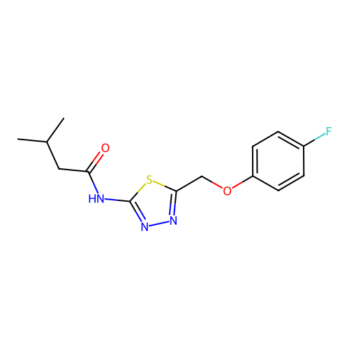 N-(5-((4-fluorophenoxy)methyl)-1,3,4-thiadiazol-2-yl)-3-methylbutanamide structure