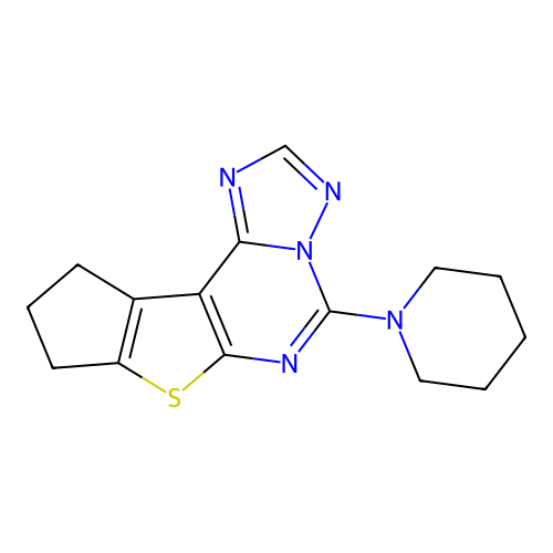 5-(piperidin-1-yl)-9,10-dihydro-8H-cyclopenta[4,5]thieno[3,2-e][1,2,4]triazolo[1,5-c]pyrimidine structure