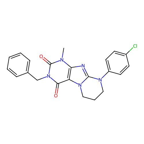 3-benzyl-9-(4-chlorophenyl)-1-methyl-6,7,8,9-tetrahydropyrimido[2,1-f]purine-2,4(1H,3H)-dione structure