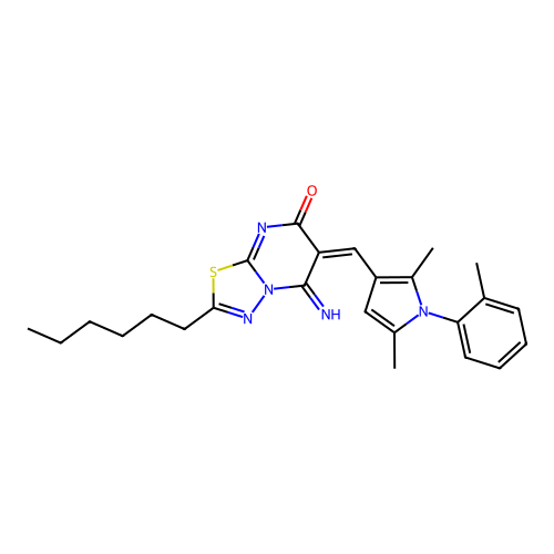 (6E)-6-[[2,5-dimethyl-1-(2-methylphenyl)pyrrol-3-yl]methylidene]-2-hexyl-5-imino-[1,3,4]thiadiazolo[3,2-a]pyrimidin-7-one structure