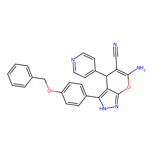 6-amino-3-(4-(benzyloxy)phenyl)-4-(pyridin-4-yl)-1,4-dihydropyrano[2,3-c]pyrazole-5-carbonitrile structure