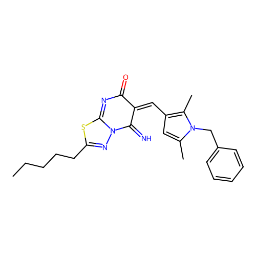 (6E)-6-[(1-benzyl-2,5-dimethyl-1H-pyrrol-3-yl)methylidene]-5-imino-2-pentyl-5,6-dihydro-7H-[1,3,4]thiadiazolo[3,2-a]pyrimidin-7-one structure