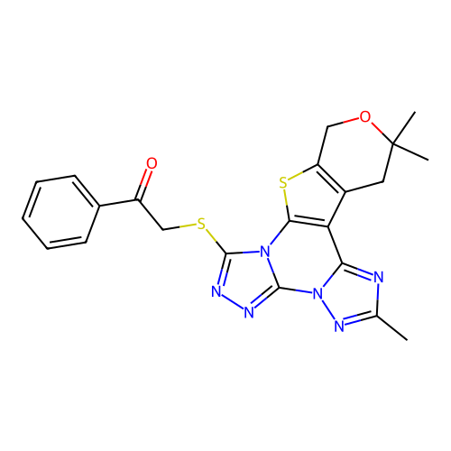 1-phenyl-2-((2,12,12-trimethyl-12,13-dihydro-10H-pyrano[4',3':4,5]thieno[3,2-e]bis([1,2,4]triazolo)[4,3-a:1',5'-c]pyrimidin-7-yl)thio)ethanone structure