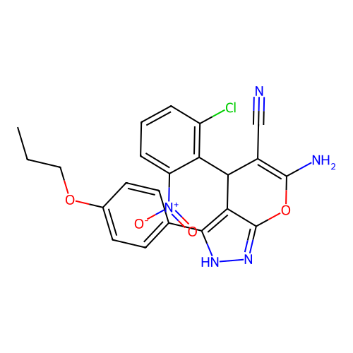 6-amino-4-(2-chloro-6-nitrophenyl)-3-(4-propoxyphenyl)-2,4-dihydropyrano[2,3-c]pyrazole-5-carbonitrile structure