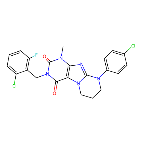 3-(2-chloro-6-fluorobenzyl)-9-(4-chlorophenyl)-1-methyl-6,7,8,9-tetrahydropyrimido[2,1-f]purine-2,4(1H,3H)-dione structure