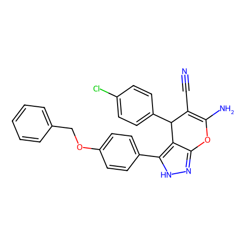 6-amino-3-(4-(benzyloxy)phenyl)-4-(4-chlorophenyl)-1,4-dihydropyrano[2,3-c]pyrazole-5-carbonitrile structure