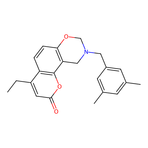 9-(3,5-dimethylbenzyl)-4-ethyl-9,10-dihydro-2H,8H-chromeno[8,7-e][1,3]oxazin-2-one structure