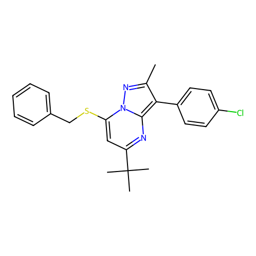 7-(benzylsulfanyl)-5-tert-butyl-3-(4-chlorophenyl)-2-methylpyrazolo[1,5-a]pyrimidine structure