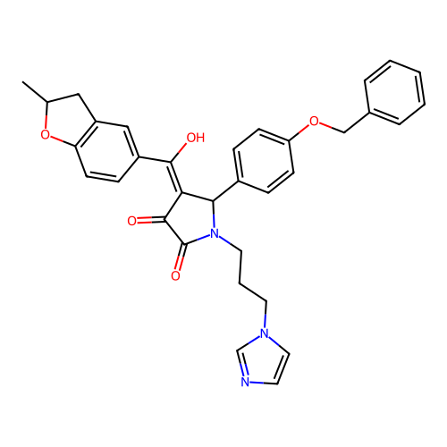 (4E)-4-[hydroxy-(2-methyl-2,3-dihydro-1-benzofuran-5-yl)methylidene]-1-(3-imidazol-1-ylpropyl)-5-(4-phenylmethoxyphenyl)pyrrolidine-2,3-dione structure