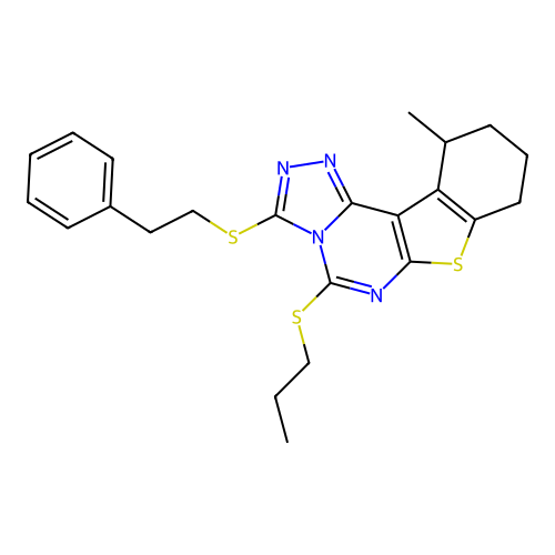 11-methyl-3-(phenethylthio)-5-(propylthio)-8,9,10,11-tetrahydrobenzo[4,5]thieno[3,2-e][1,2,4]triazolo[4,3-c]pyrimidine structure