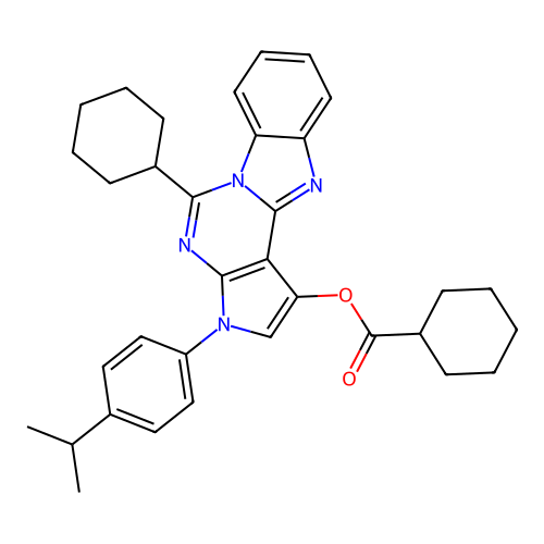 5-cyclohexyl-3-[4-(propan-2-yl)phenyl]-3H-pyrrolo[2',3':4,5]pyrimido[1,6-a]benzimidazol-1-yl cyclohexanecarboxylate structure