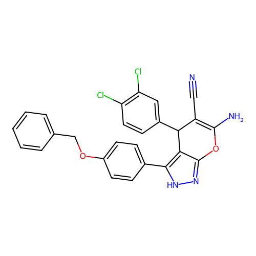 6-amino-3-(4-(benzyloxy)phenyl)-4-(3,4-dichlorophenyl)-1,4-dihydropyrano[2,3-c]pyrazole-5-carbonitrile structure